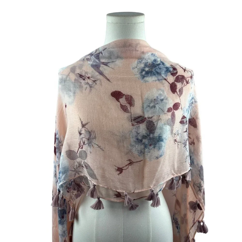 Hinge Floral Tassel Scarf Shawl Wrap Lightweight Pink & Blue Elegant Womens Acce